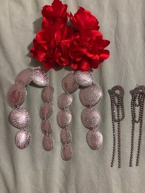 H&M Red Flower and Silver Chain Drop Earrings